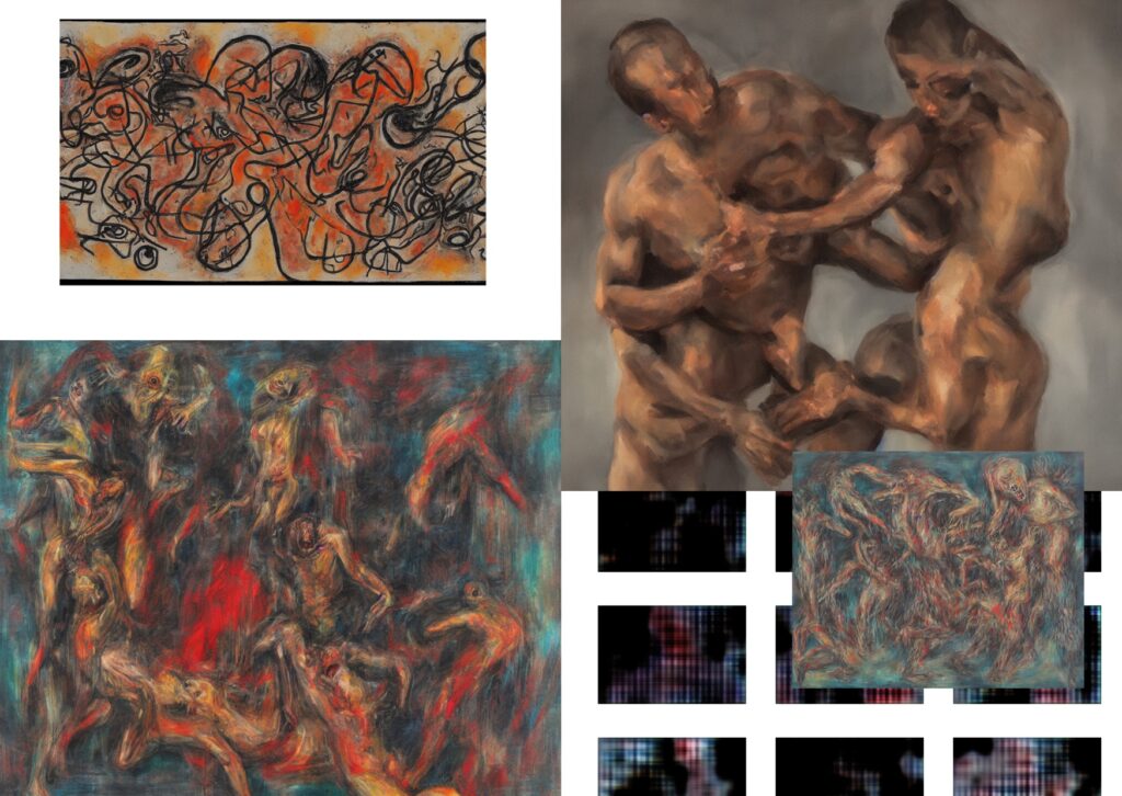 A selection of Sena Plincski’s paintings, co-generated with Stable Diffusion 1.4 and a custom generative ML model